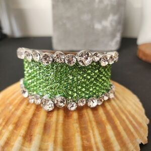 Statement Silver with Green Crystal Hinge Clamper Bracelet